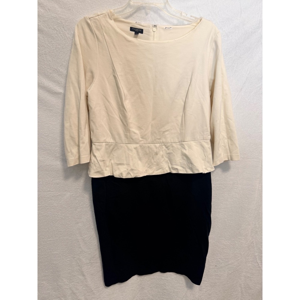 Talbots Petites Colorblock Peplum Sheath Dress Cream Black 12P 3/4 Sleeve